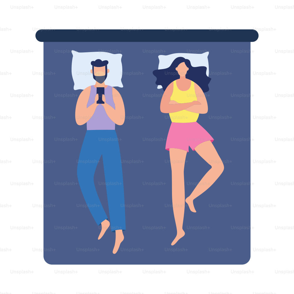 Couple in bed at night with woman nervous about her boyfriend addiction to mobile phone and internet usage, flat vector illustration isolated on white background.