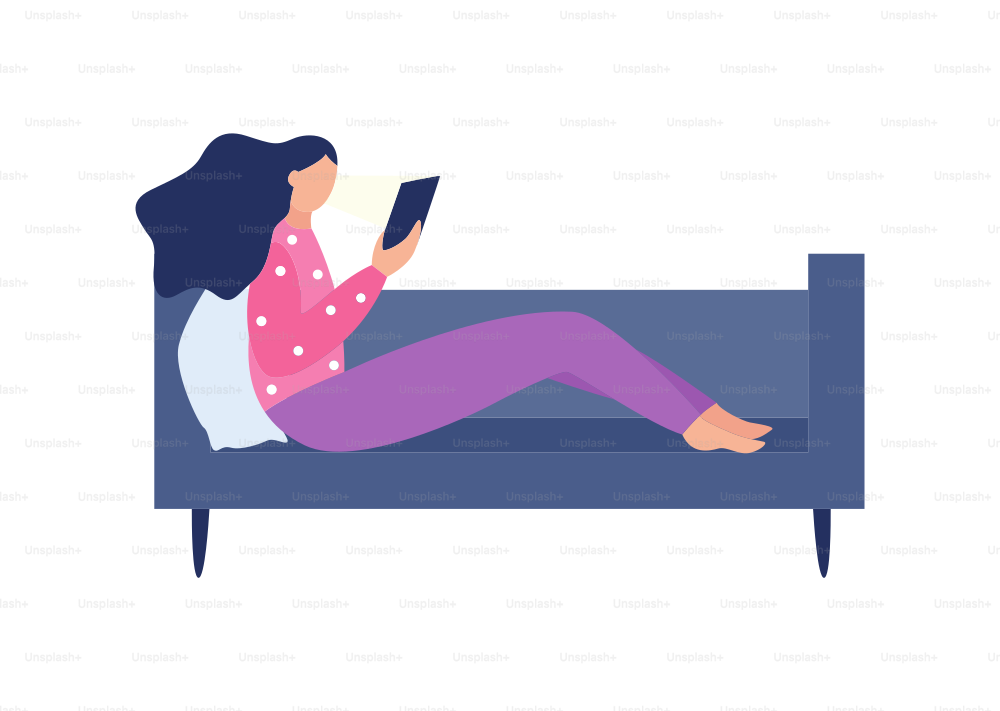 Girl sitting on couch with smartphone in concept of gadgets and internet addiction, flat vector illustration isolated on white background. Modern people addiction.