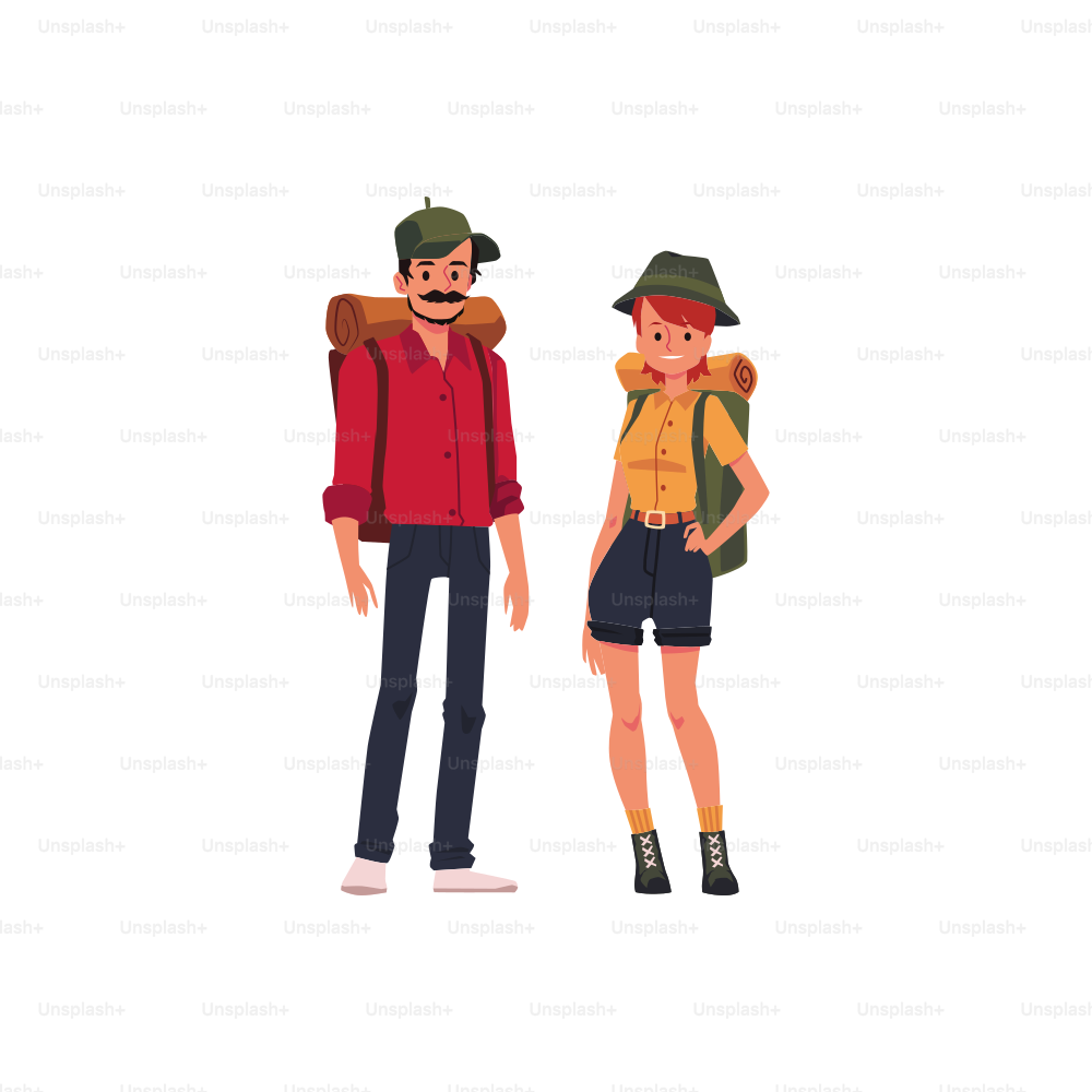 Tourists with backpacks in hiking. Summer camping for an active family couple. Flat cartoon vector illustration isolated on a white background.
