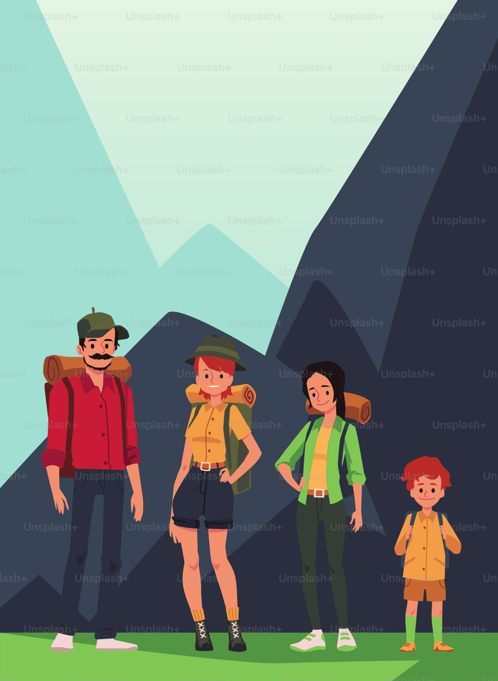 Family of hikers or tourists with backpacks standing against mountains background, flat vector illustration. Card or poster for family tourism and camping.