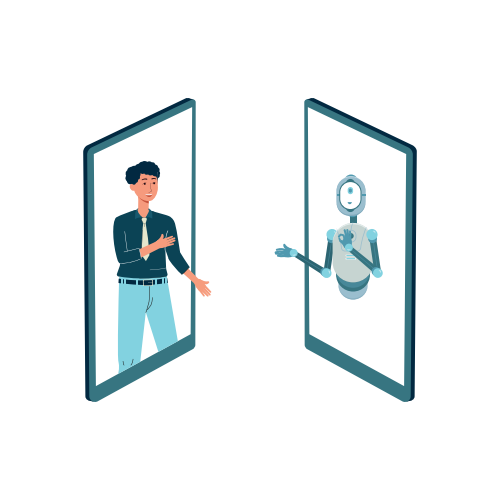 Man communicates with a chatbot online using a mobile phone. Smart customer service and support. The concept of artificial intelligence. Flat isolated vector illustration