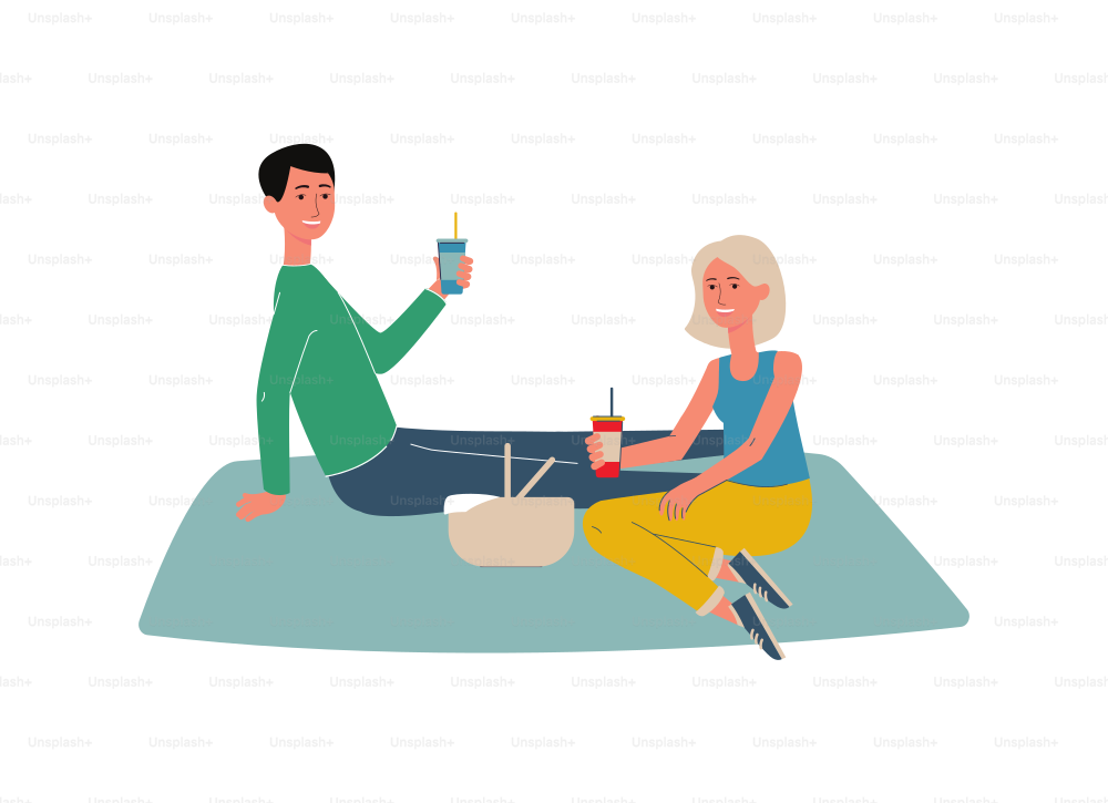 A couple in love or family at their leisure, on weekends or on vacation. Guy and girl on a picnic in the outdoor. Vector flat cartoon illustration isolated on a white background.