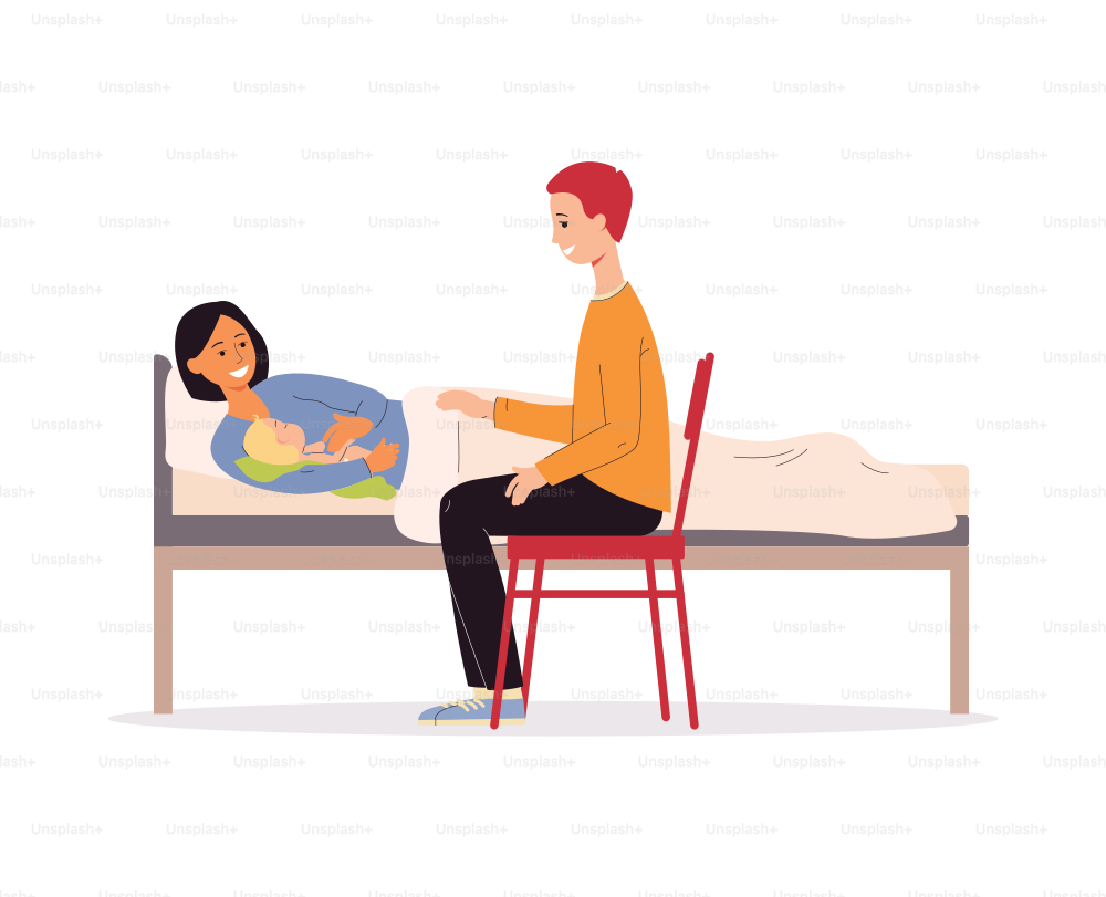 Careful parents and newborn baby after childbirth, flat vector illustration isolated on white background. Characters for maternity antd parenthood topic.