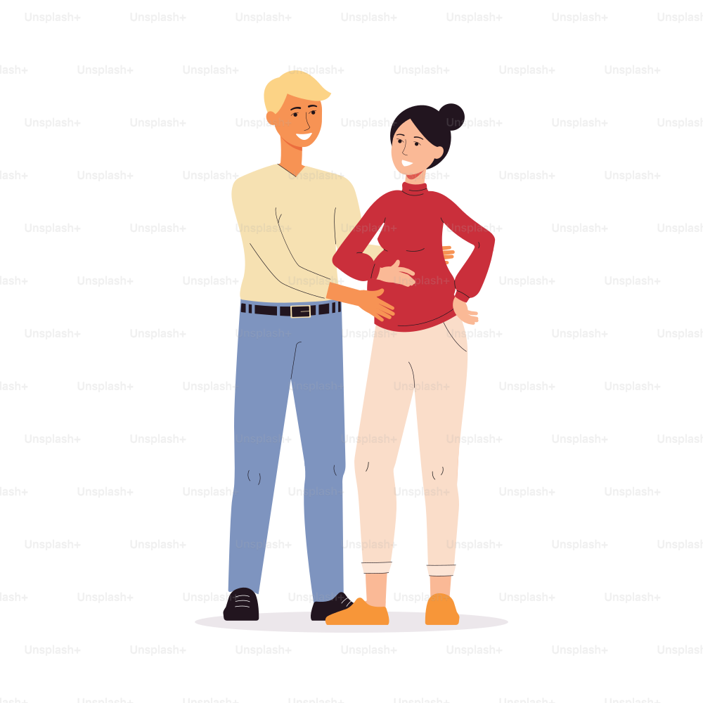 Young romantic couple in love expecting child hugging, flat vector illustration isolated on white background. Cartoon character of husband embracing his pregnant wife.