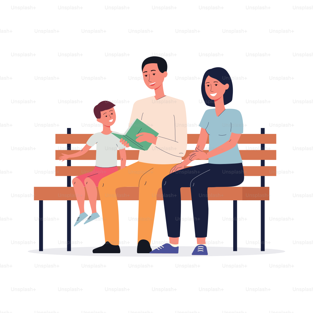 Family with child sitting on a bench in park and reading a book together, flat vector illustration isolated on white background. Parents and son spending time outdoors.
