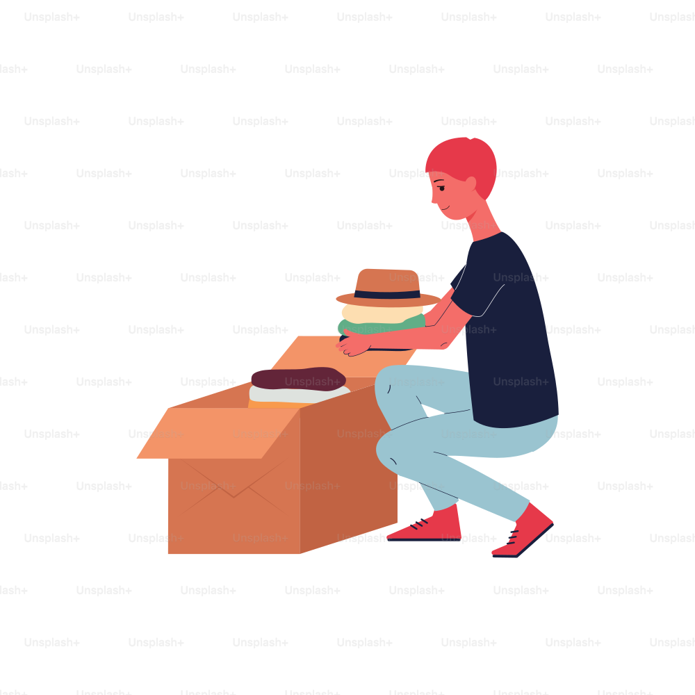A young guy puts clothes for donations, charity or recycling in a box. Vector illustration isolated on a white background.
