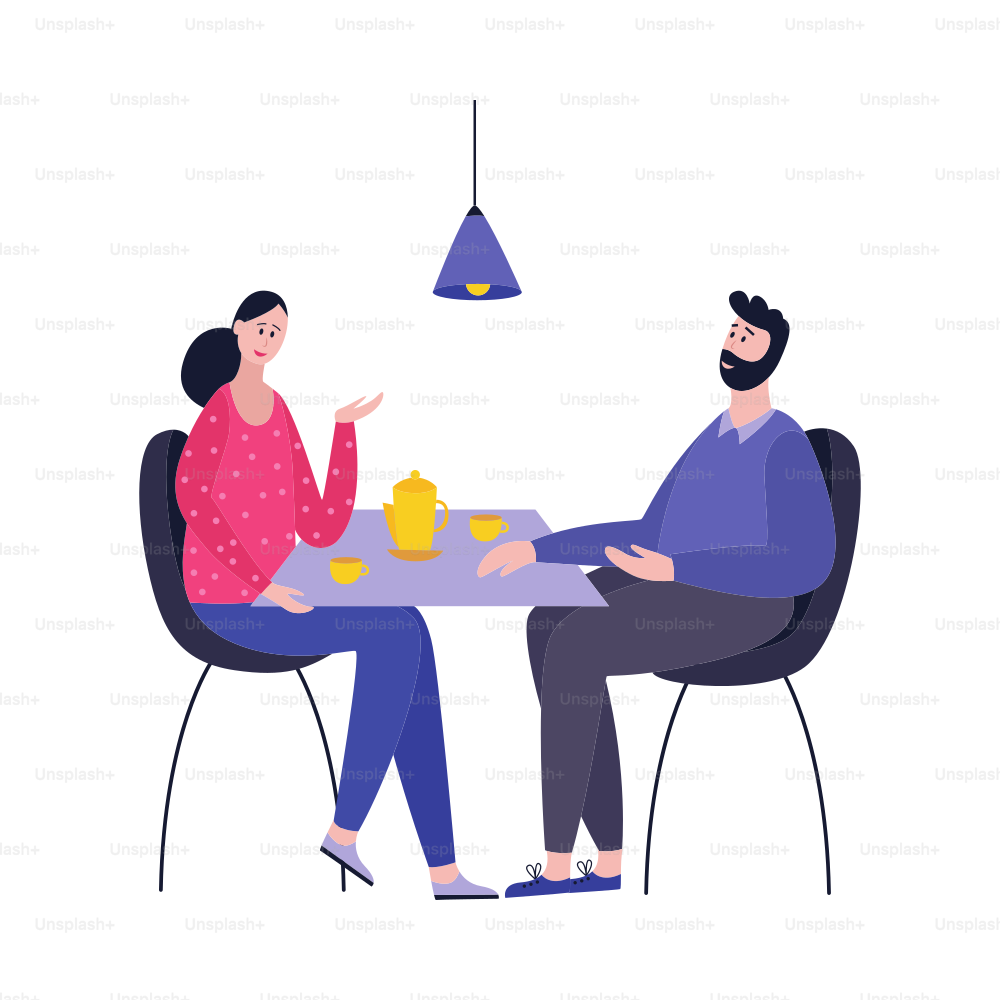 A young man and woman are sitting at a table drinking coffee and talking. A couple in love at dinner or meeting two close loving people who are in a romantic relationship. Family cozy dinner and relaxation. Vector flat cartoon illustration isolated on a white background.