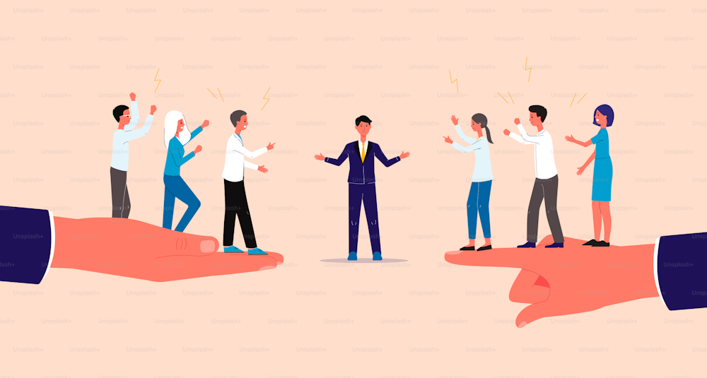 Mediator and settlement of conflicts with business people characters, flat vector illustration. Mediation and professional assistance in business negotiation.