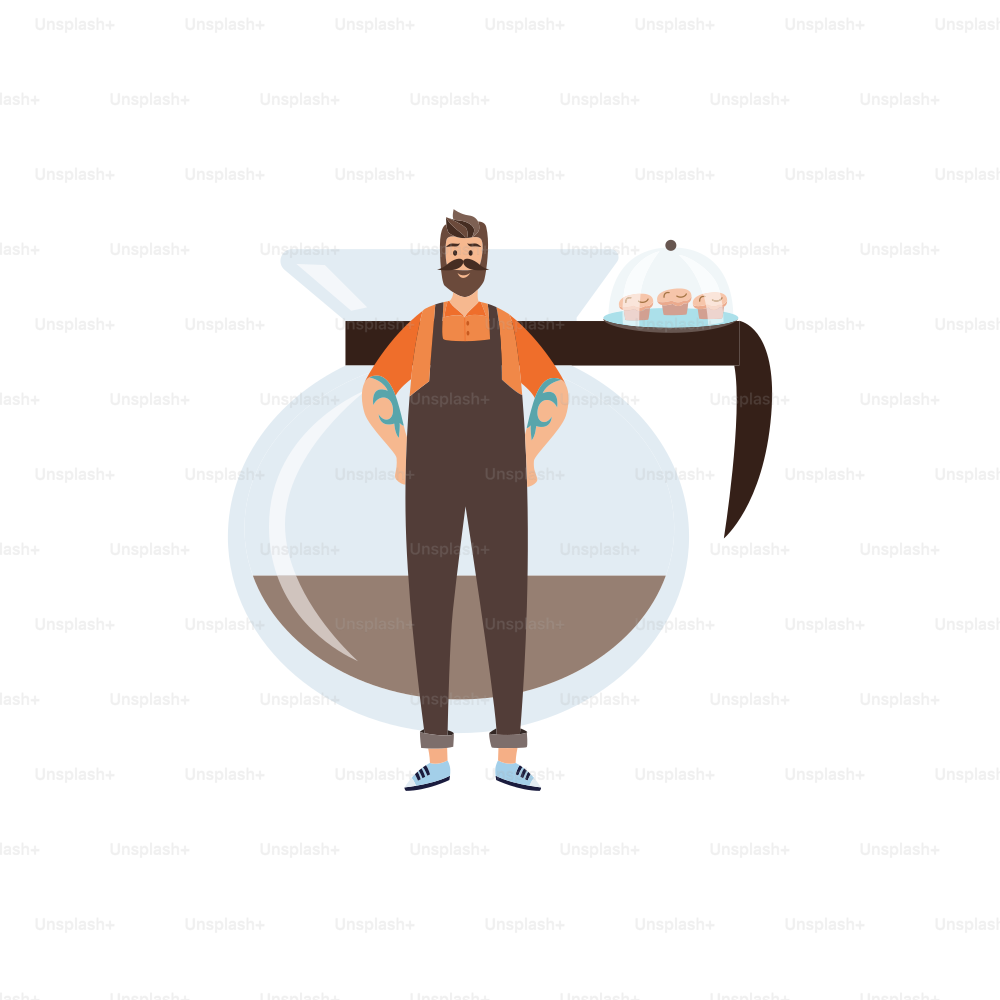 Barista standing in front of huge glass coffee pot, flat vector illustration isolated on white background. Character of barista for coffee house or cafeteria.