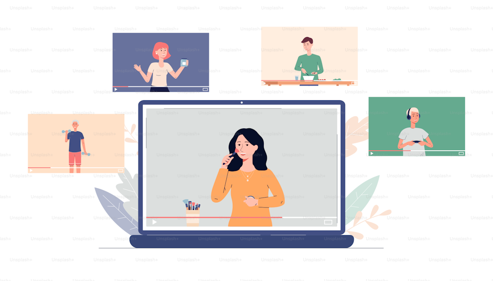 Set of online video tutorials for internet. Bloggers or vloggers talk about fitness, cooking, shopping review, computer games and beautiful makeup. Flat vector illustration on white.