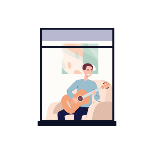 Illustration d’un homme qui reste à la maison et joue de la guitare. Passe-temps pendant la quarantaine, les week-ends, les vacances ou les loisirs. Illustration vectorielle à plat de l’enseignement à domicile.