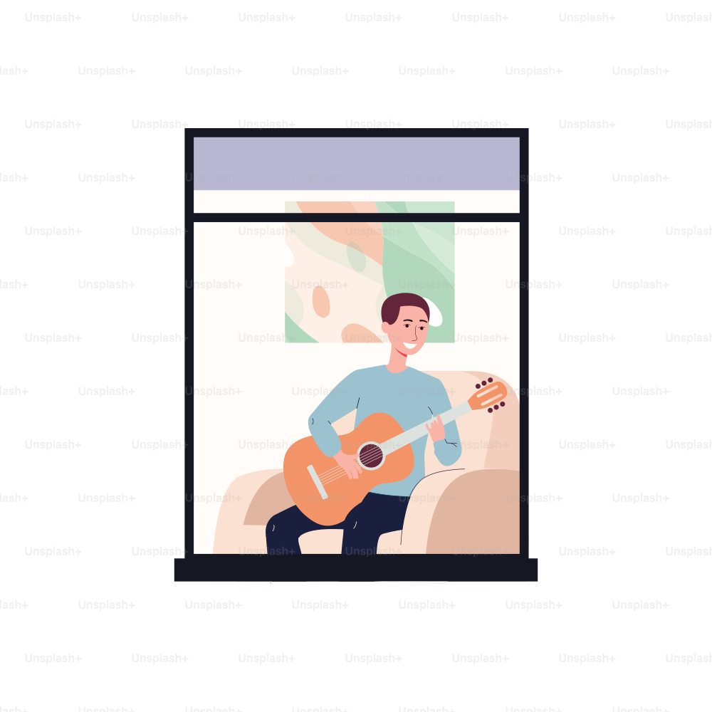 Illustration of a man who stays at home and plays the guitar. Hobbies during quarantine, weekends, vacations, or at leisure. Vector flat illustration of home education.