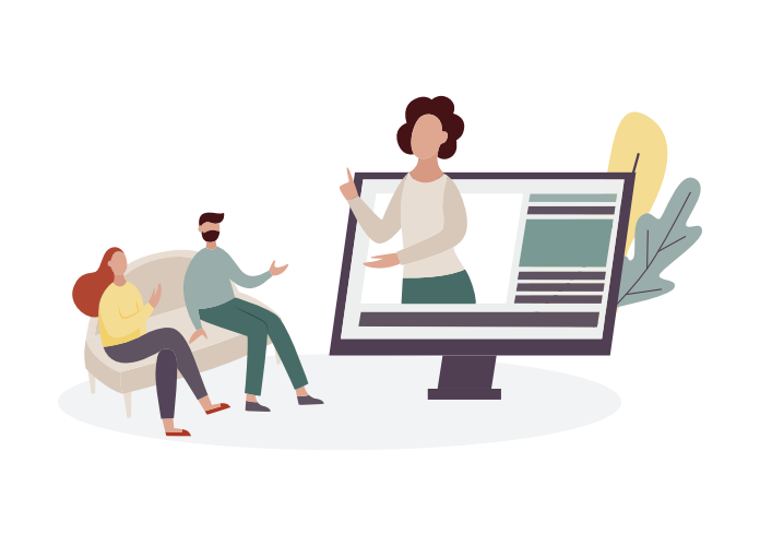 Psicólogo online e sessão de terapia de casal - terapeuta virtual mulher fazendo aconselhamento matrimonial para desenhar pessoas em casa a partir da tela, ilustração vetorial isolada.
