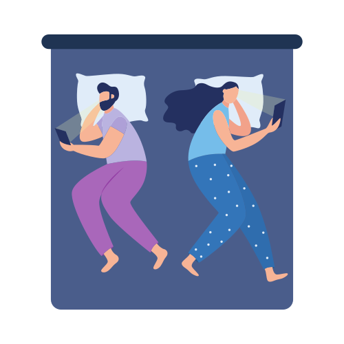 Couple laying in bed separately with smartphones in hands, flat vector illustration isolated on white background. Symbol of internet addiction and communication problems.