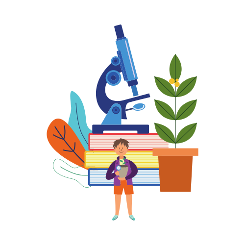 Winzige Schuljungen-Zeichentrickfigur zwischen Bücherstapeln und Mikroskop, flache Vektorillustration isoliert auf weißem Hintergrund. Zurück zur Schule und zum Bildungsbanner für Kinder.