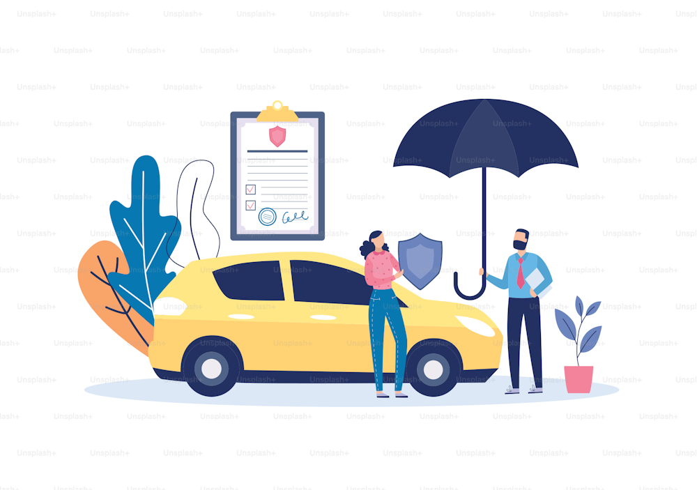 Car insurance banner template with agent holding an umbrella, flat vector illustration isolated on white background. Banner or poster for transport assurance agency.