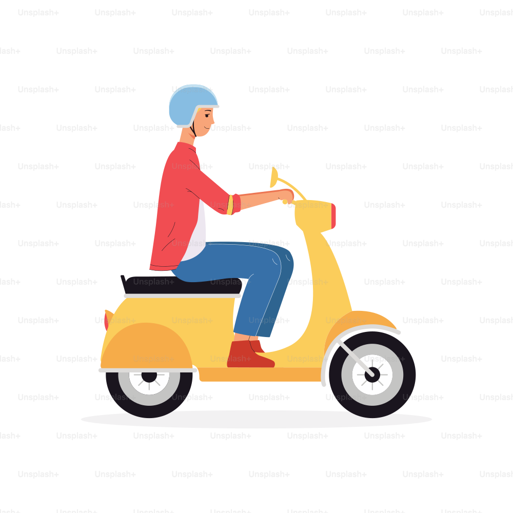 Personaggio del fumetto dell'uomo che guida la moto o lo scooter a motore, illustrazione vettoriale piatta isolata su sfondo bianco. Fattorino su ciclomotore o viaggiatore di città.
