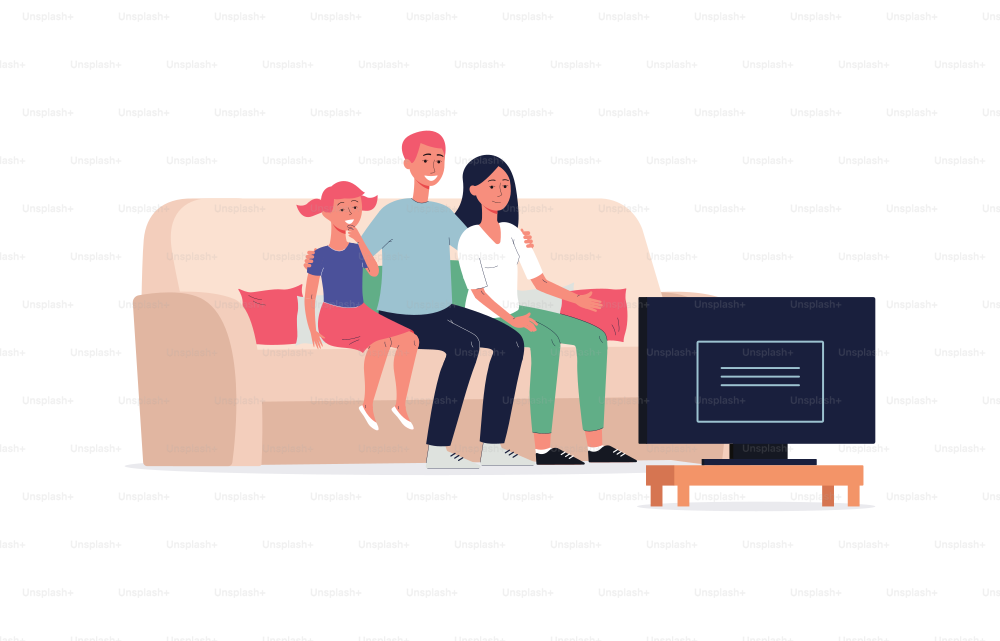 Family members watching TV program together, flat vector illustration isolated on white background. Cartoon characters of adults and child sitting on sofa.