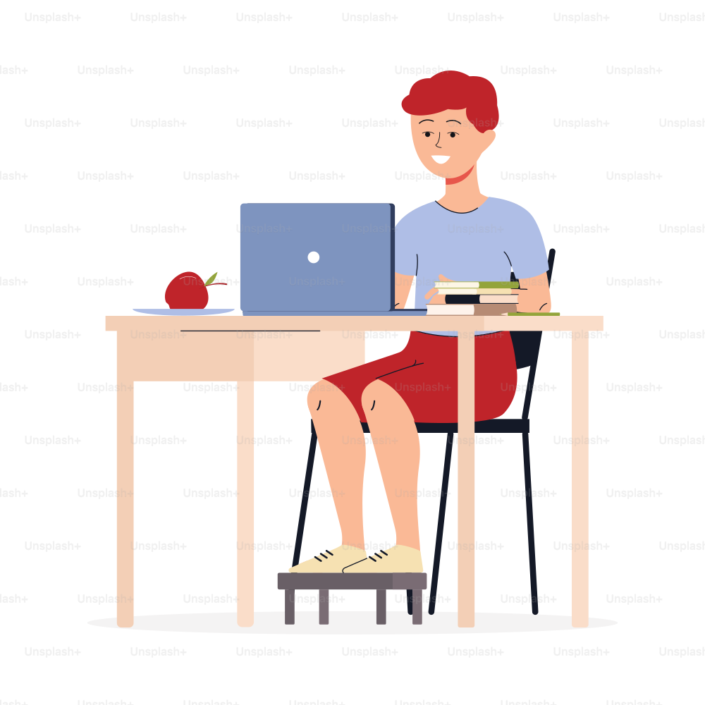Boy teenager cartoon character studying with laptop, flat vector illustration isolated on white background. Homeschooling and internet technology for children.