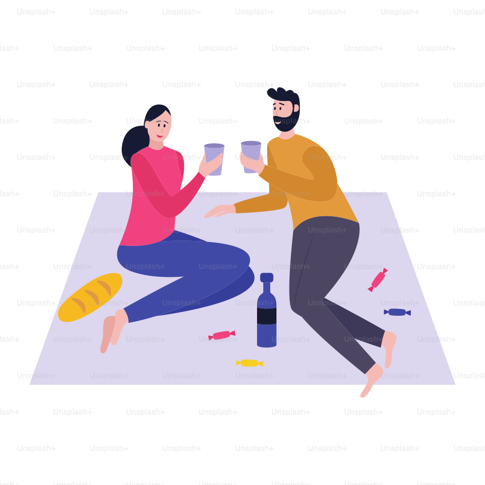 Cartoon couple on picnic blanket drinking wine - people in love sitting on the ground with food and drink. Isolated vector illustration on white background.