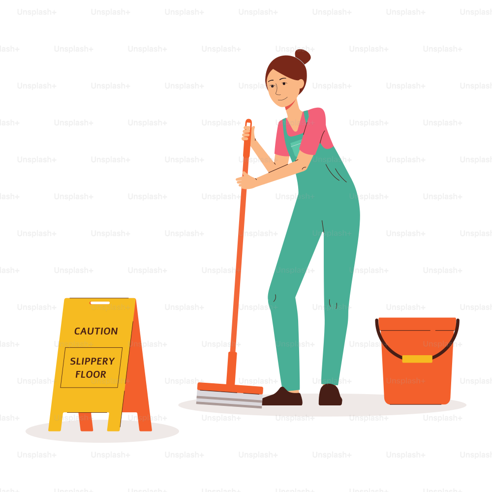 Cleaning woman cartoon character washing floor, flat vector illustration isolated on white background. Professional cleanup service working staff personage.
