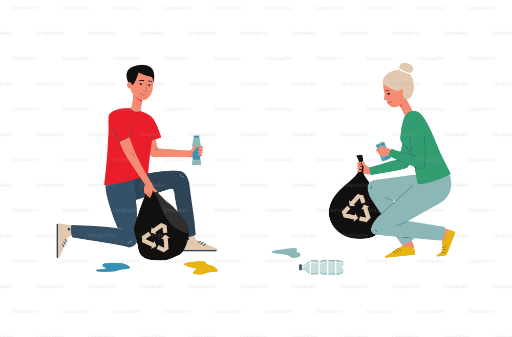 Cartoon couple with recycling trash bags cleaning litter garbage from the ground and smiling - man and woman collecting plastic waste to recycle. Flat isolated vector illustration.