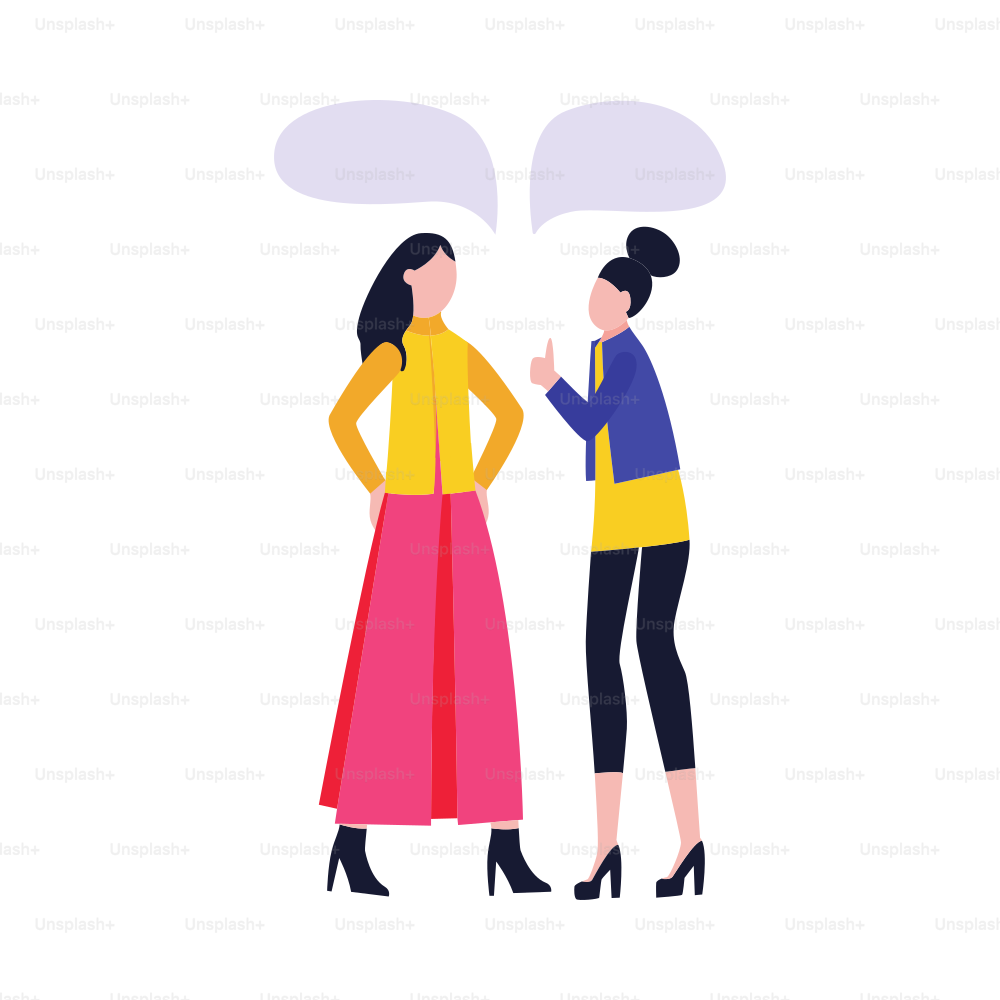 Two young women girlfriends cartoon characters lively talking, flat vector illustration isolated on white background. Womens friendship and friendly conversation.