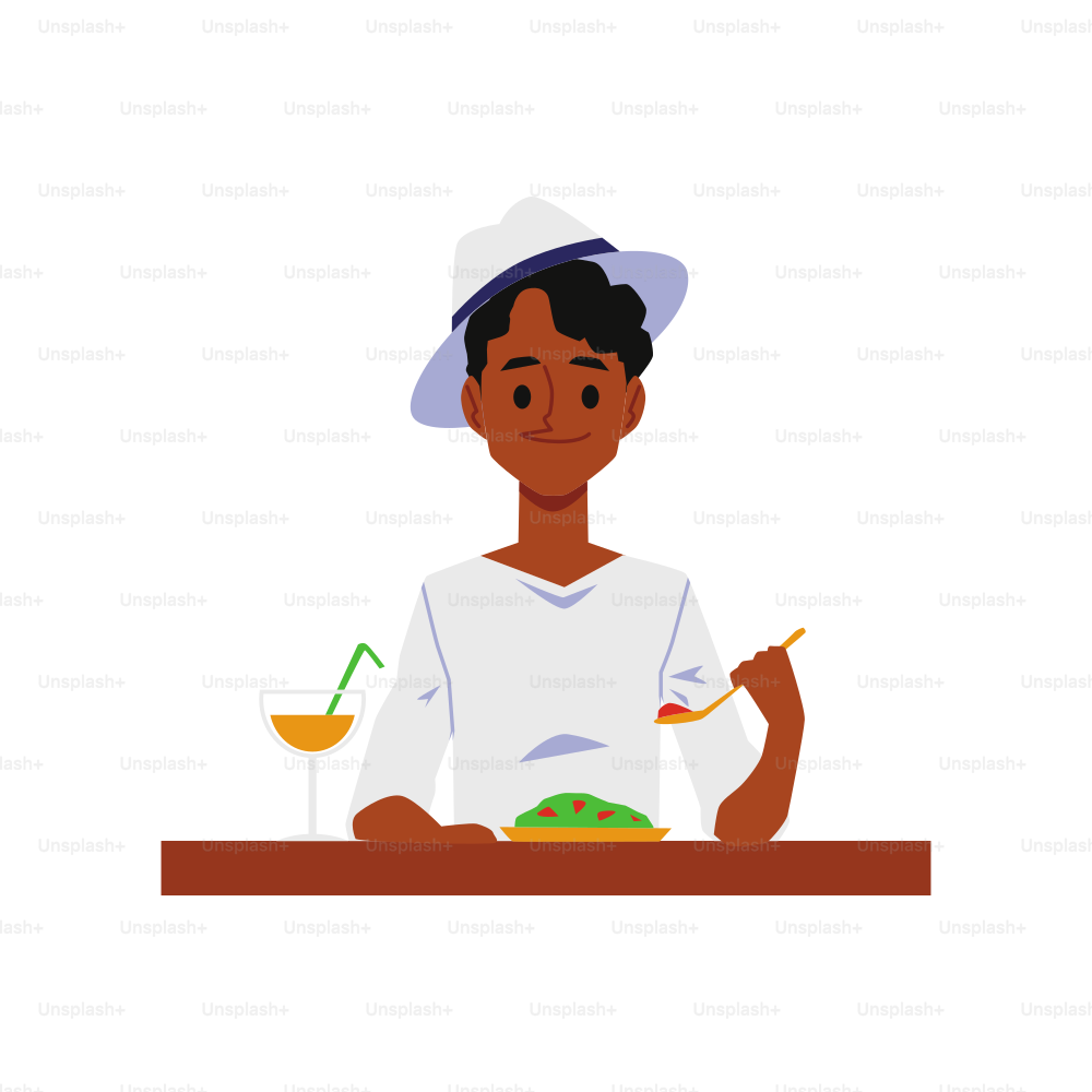 Uomo dei cartoni animati che mangia insalata - metà superiore del ragazzo africano con il cappello che tiene il cucchiaio pieno di cibo e sorride. Persona seduta a tavola e che consuma un pasto sano - illustrazione vettoriale isolata.