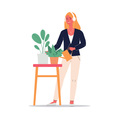 Young woman in headphones cartoon character watering houseplants and listening to music or online radio, flat vector illustration isolated on white background.