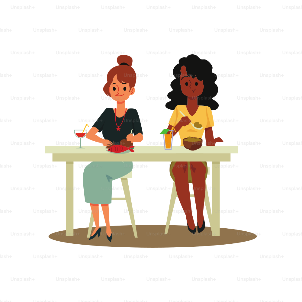 Caucasian and african american women cartoon characters eating in restaurant or cafeteria, flat vector illustration isolated on white background. Fast food canteen.