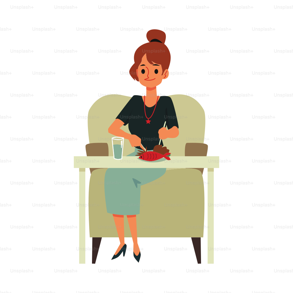 Cartoon-Frau, die rotes Fischmehl isst, sitzt auf einem Stuhl mit Tisch - glückliches Mädchen, das bereit ist, frische Meeresfrüchte zu essen. Flache Vektorillustration isoliert auf weißem Hintergrund.