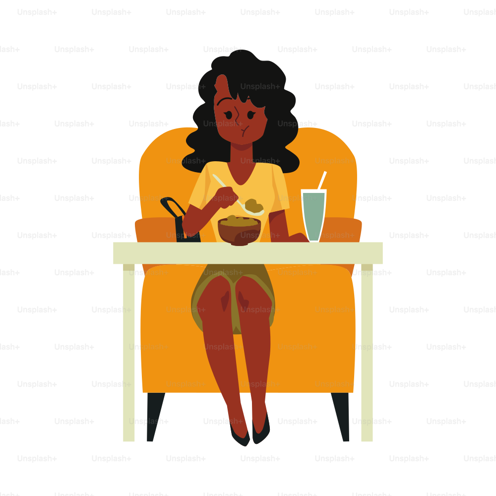 Mujer negra comiendo comida sentada en silla y mesa. Dama africana masticando gachas de avena u otra comida de tazón aislado sobre fondo blanco - ilustración vectorial plana