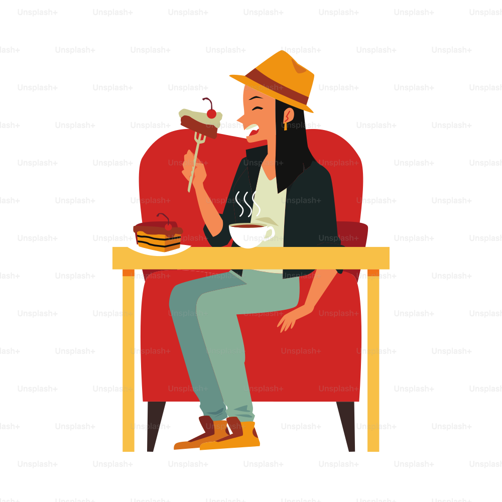 Donna che mangia torta - ragazza dei cartoni animati seduta su una grande sedia con tavolo e tenendo la forchetta con il dolce dessert pezzo di cibo con ciliegia e sorridente. Illustrazione vettoriale piatta isolata.