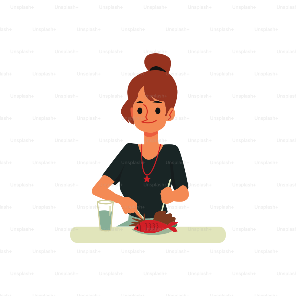 Cartoon-Frau, die Fisch auf weißem Hintergrund isst. Lächelndes Mädchen, das am Tisch sitzt und Utensilien hält und verzehrfertiges Fischgericht auf dem Teller - flache Vektorillustration.