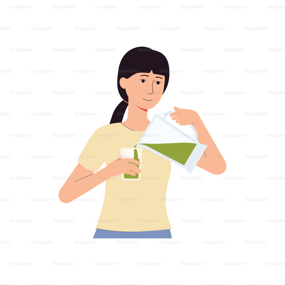 Young woman cartoon character preparing and drinking smoothie, flat vector illustration isolated on white background. Detox nutrition and healthy dieting concept.