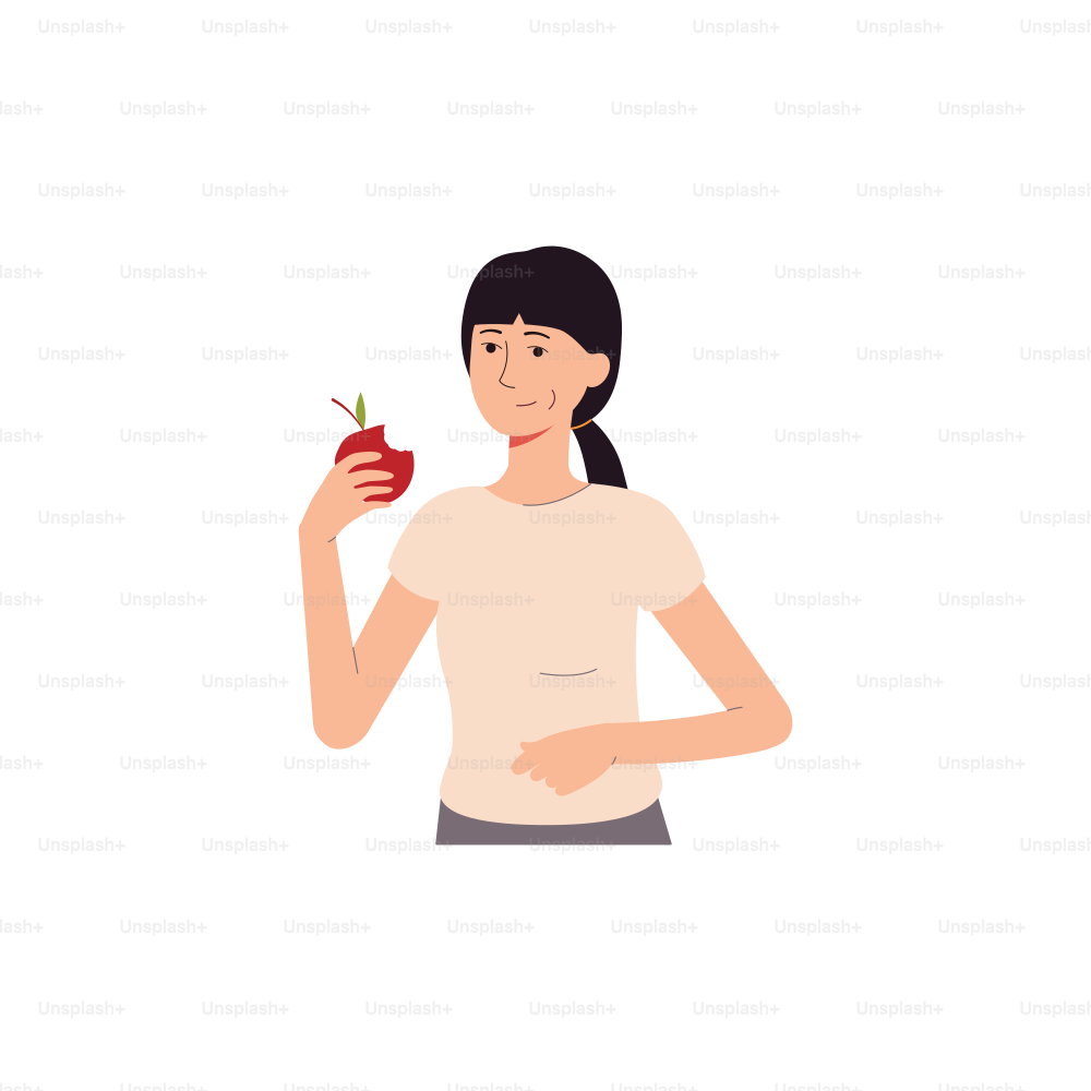 Cartoon-Frau, die roten Apfel isst - junges Mädchen, das gesundes Obst kaut und isoliert auf weißem Hintergrund lächelt. Flache Vektor-Illustration.
