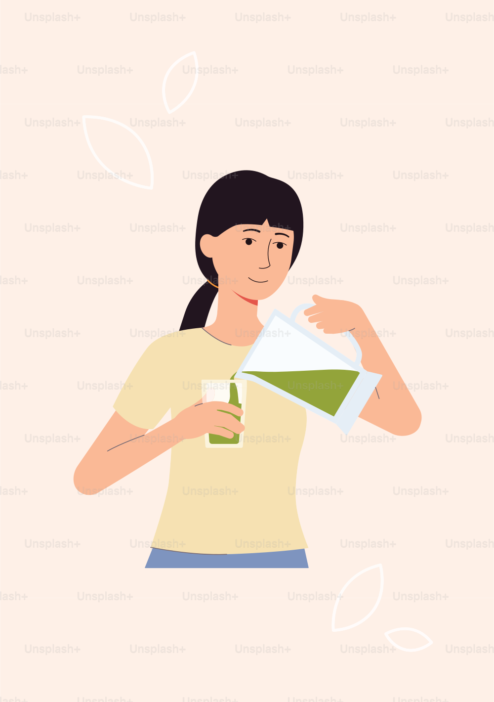 Woman on healthy diet pouring green smoothie from blender to glass and smiling - isolated cartoon girl making detox vegetable drink. Isolated flat vector illustration.
