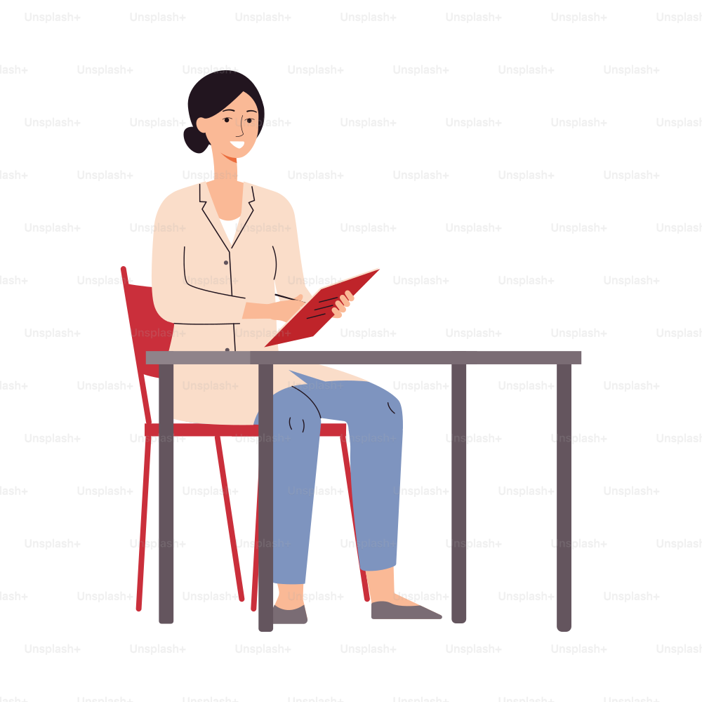 Female doctor sitting behind desk and writing in notebook - cartoon woman in medical uniform smiling isolated on white background. Flat vector illustration.