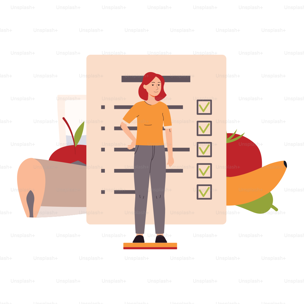 Diet planning concept with woman cartoon character at backdrop of weight loss planner list and pile of vegetables, flat vector illustration isolated on white background.