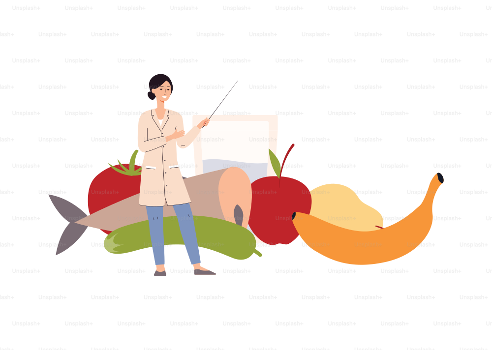 Healthy nutrition and diet menu concept - woman nutritionist standing at fresh food symbols backdrop, flat vector illustration isolated on white background.