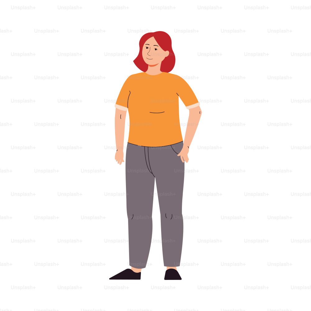 白い背景にアクティブウェアのプラスサイズの太りすぎの女性の漫画のキャラクター、平らなベクターイラスト。減量と健康的な食事の人。