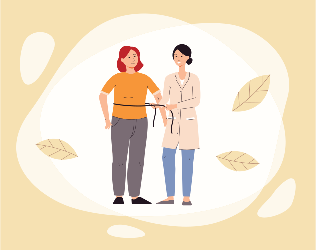 Waist measure doctor appointment - cartoon woman and female nutritionist measuring size with tape for weight loss program. Flat vector illustration