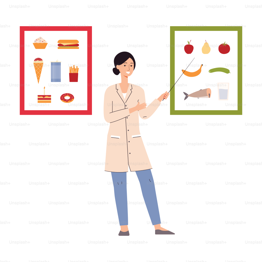 Cartoon nutritionist teaching nutrition lesson about good and bad food. Doctor woman pointing at healthy diet foods and junk food - flat isolated vector illustration.