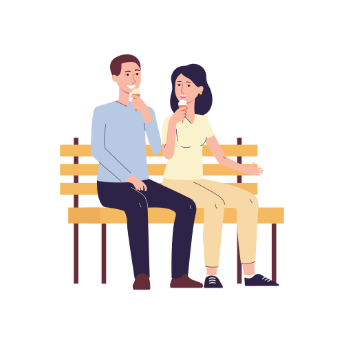 Young couple man and woman cartoon characters sitting on bench together, flat vector illustration isolated on white background. Joint family and couple recreation.
