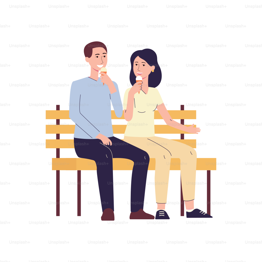 Jeune couple homme et femme personnages de dessins animés assis sur un banc ensemble, illustration vectorielle plate isolée sur fond blanc. Famille commune et loisirs de couple.