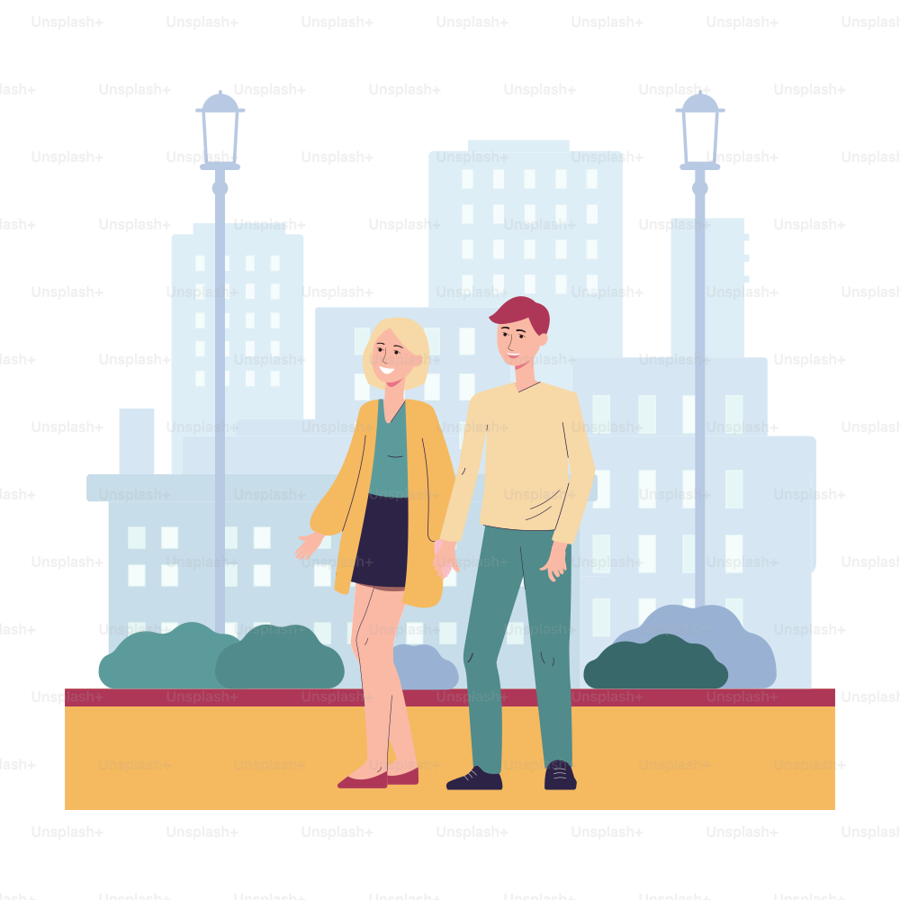 Young couple walking together in modern city, flat vector illustration isolated on white background. Tourism, traveling and city sightseeing tour concept.