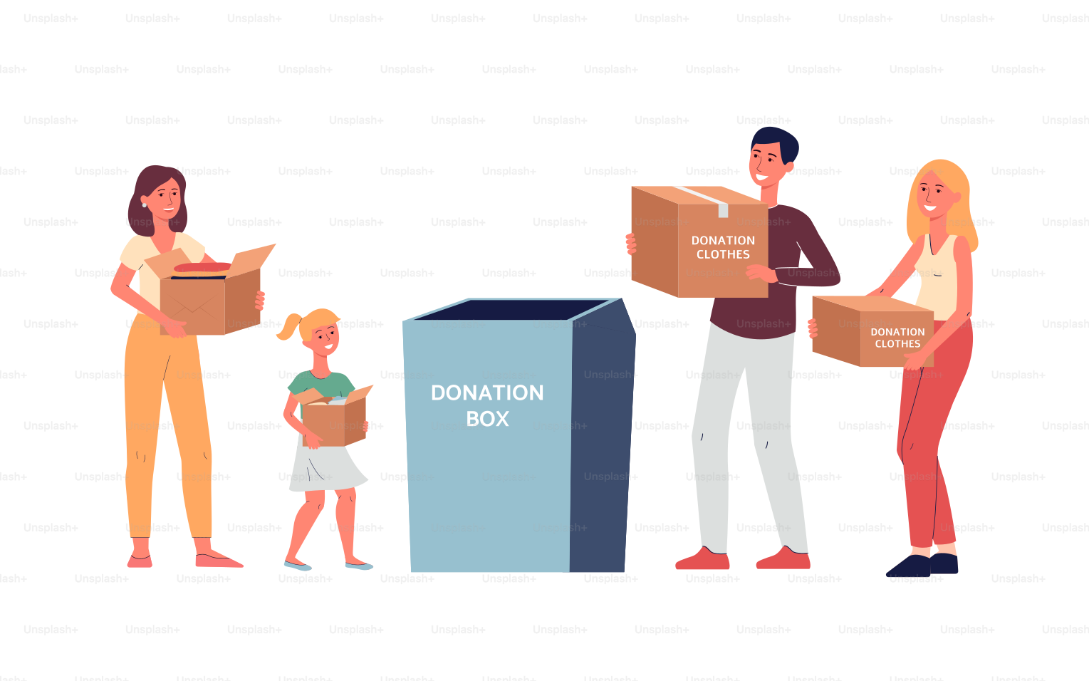 寄付用の服を持参するボランティア、白い背景に単独で描かれたフラットベクターイラスト。支援を必要とする人々への慈善活動や社会的支援のボランティア活動。