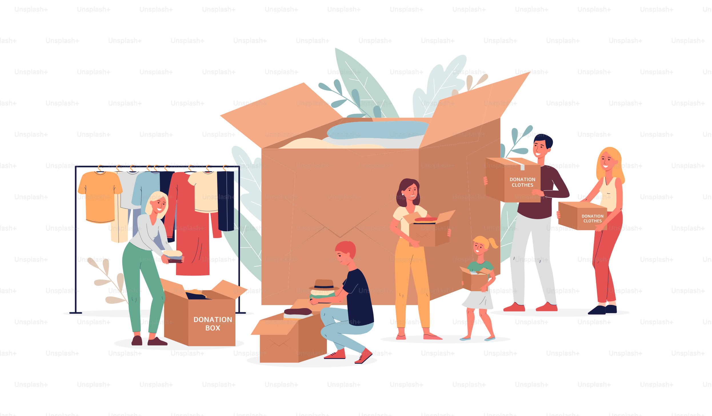 Clothing donation banner with tiny people volunteers characters and box full of clothes, flat vector illustration isolated on white background. Charity and volunteering.