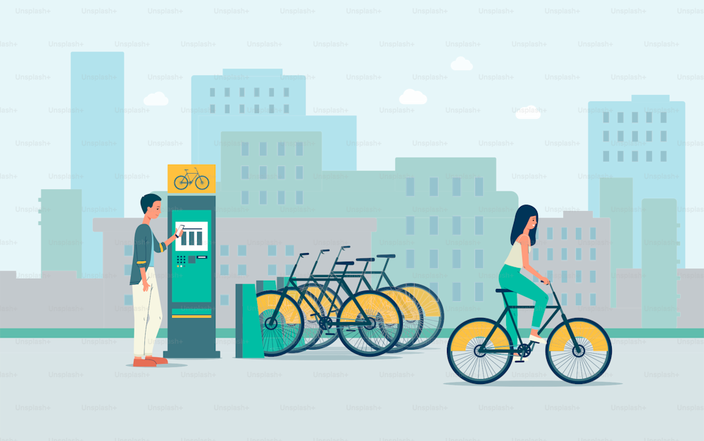 Conceito de um sistema automatizado para aluguer de bicicletas urbanas públicas. Um homem e uma mulher pagam aluguel e andam de bicicleta. Ilustração plana vetorial.