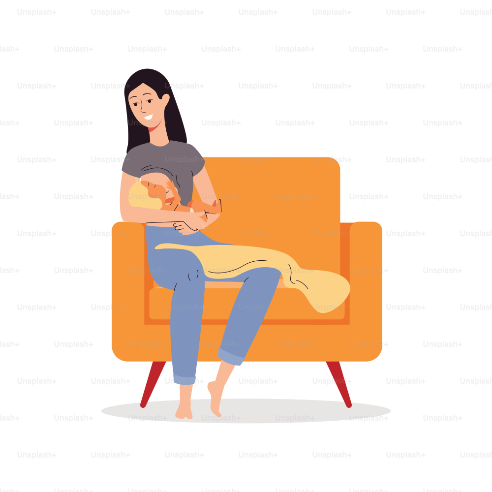 Mother breastfeeding newborn baby sitting in chair, flat vector illustration isolated on white background. Children afterbirth nursing concept and women lactation.
